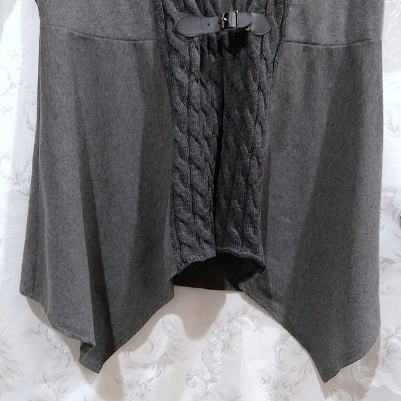 Drape Front Belted Knit Cardigan L Cable Knit Lapels Sharkbite Handkerchief Hem - Picture 4 of 5